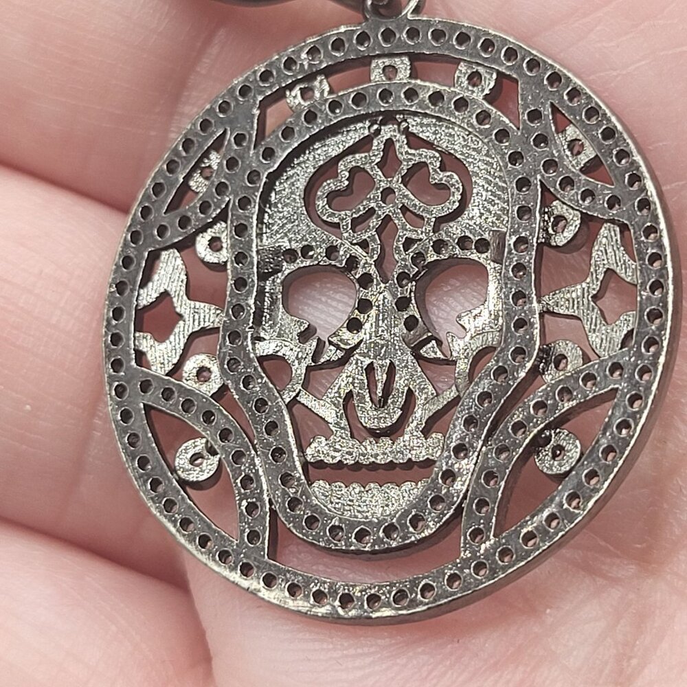 Marlyn Schiff Sugar Skull Rhinestone Pendant Necklace Gunmetal - Picture 8 of 10